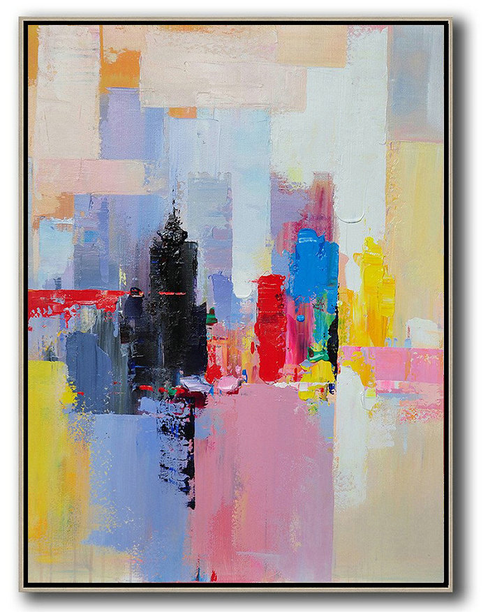 Large Contemporary Art Acrylic Painting,Vertical Palette Knife Contemporary Art,Hand Made Original Art Black,Red,Pink,Yellow